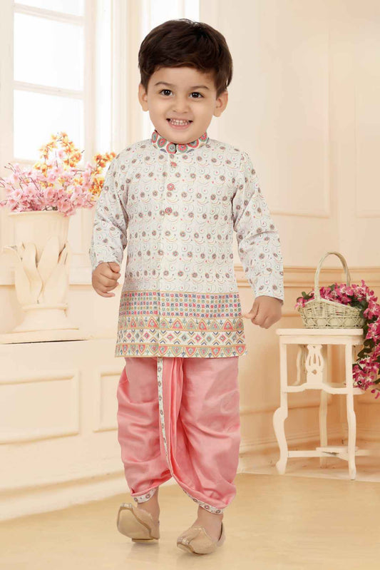 Multicolor Printed And Embroidery Full Sleeves Kurta With Pink Dhoti Set For Boys