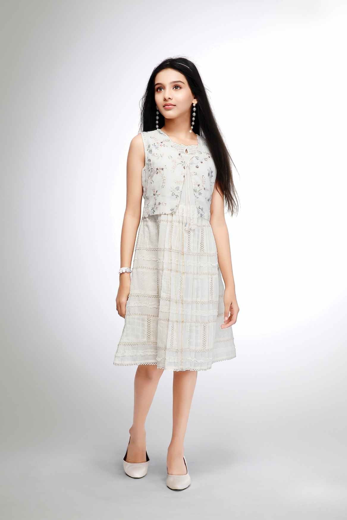 Cream Floral Embroidery Dress With Attached Overcoat For Girls