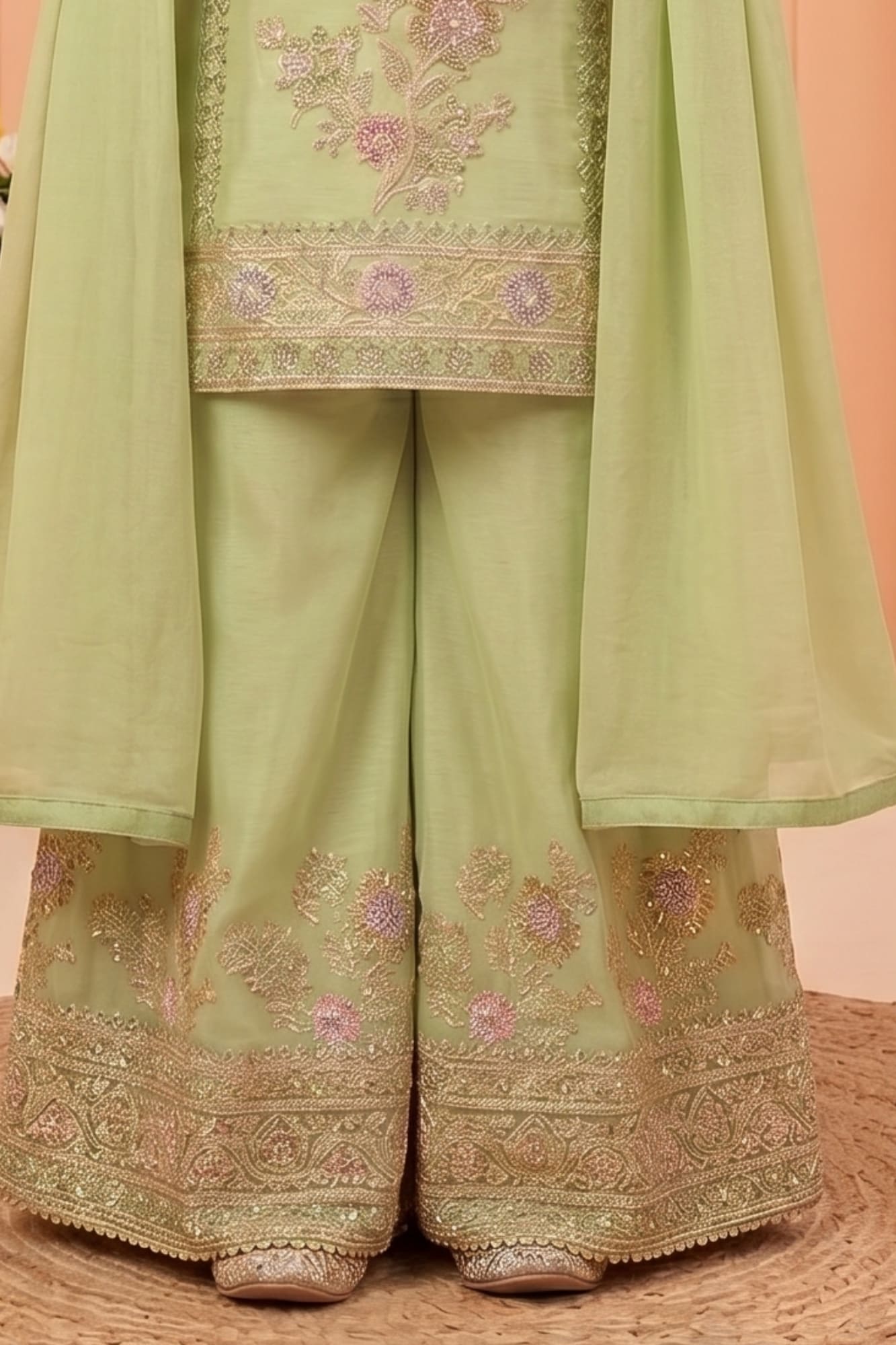 Pista Floral Zari Work Designer Wear Palazzo Set