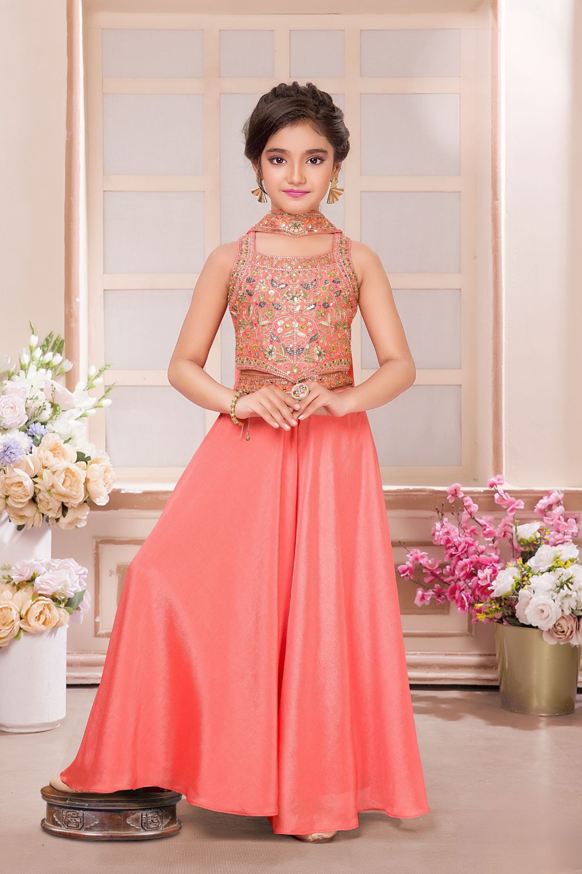 Coral Peach Embroidered Palazzo Set For Girls