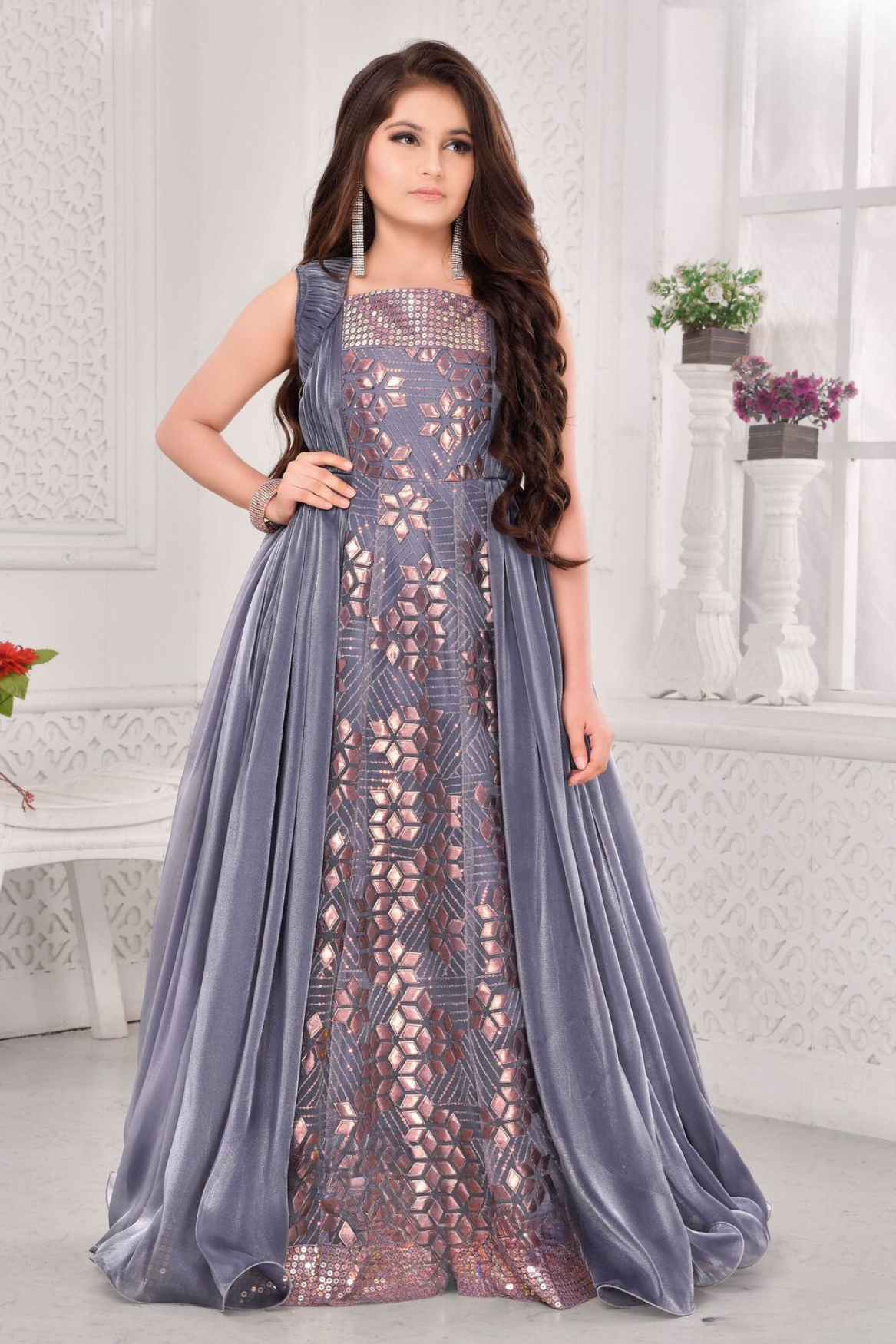 Designer Grey Festive Gown with Layered Cape Look For Girls