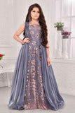 Designer Grey Festive Gown with Layered Cape Look For Girls
