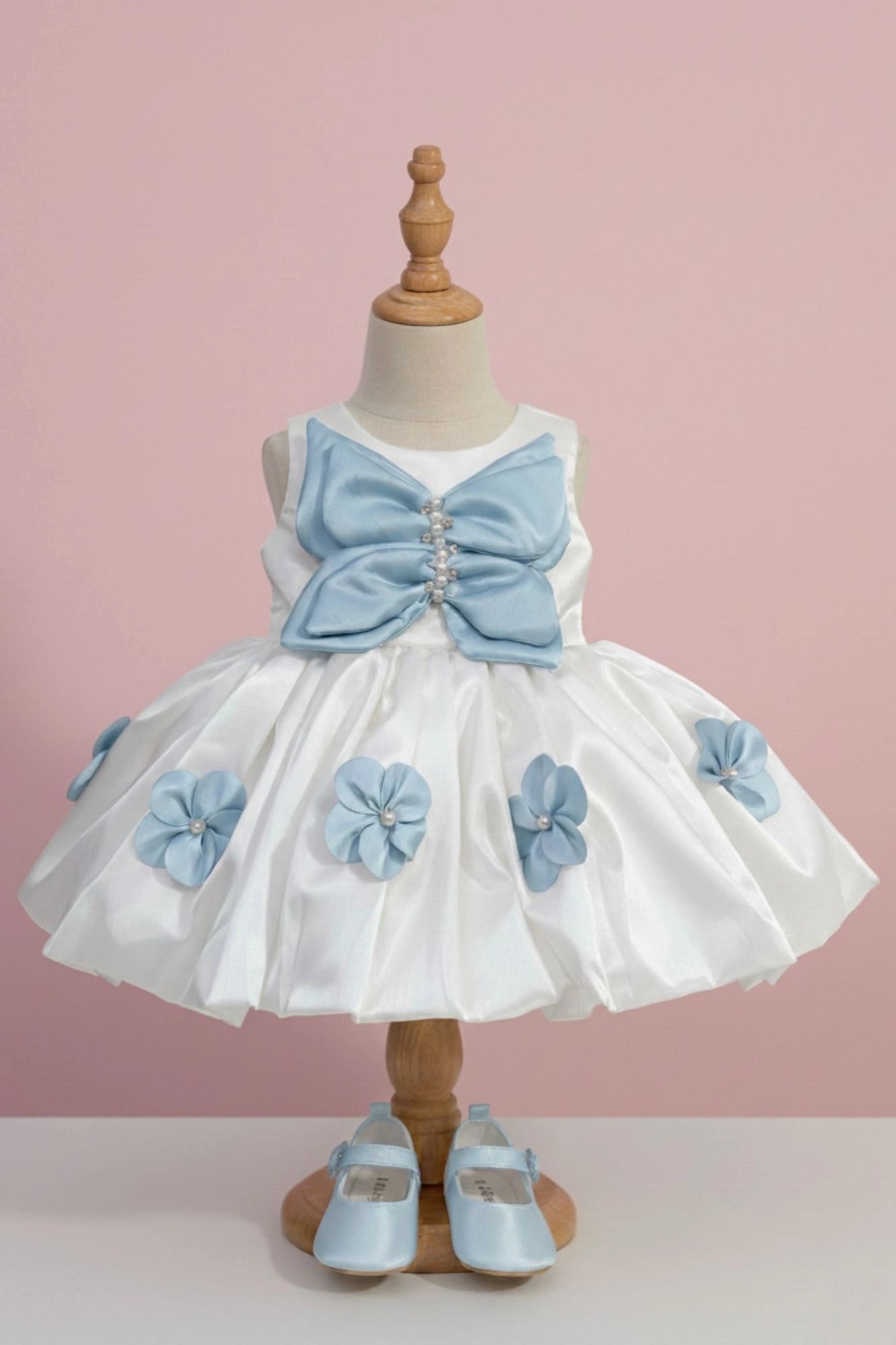 White & Sky Blue Butterfly Bow Party Wear Dress for Girls