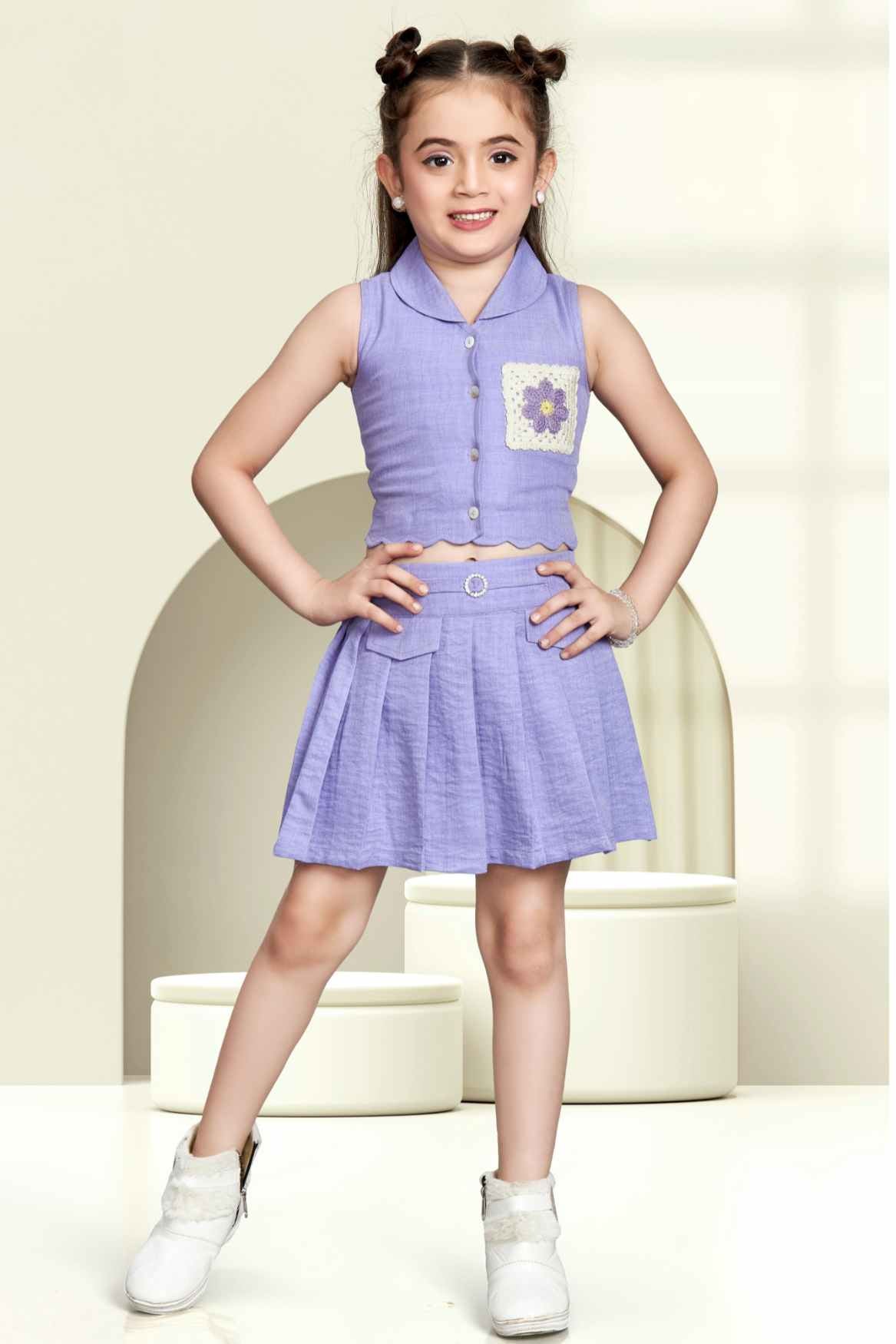 Lavender Skirt Set With Crocheted Pocket For Girls
