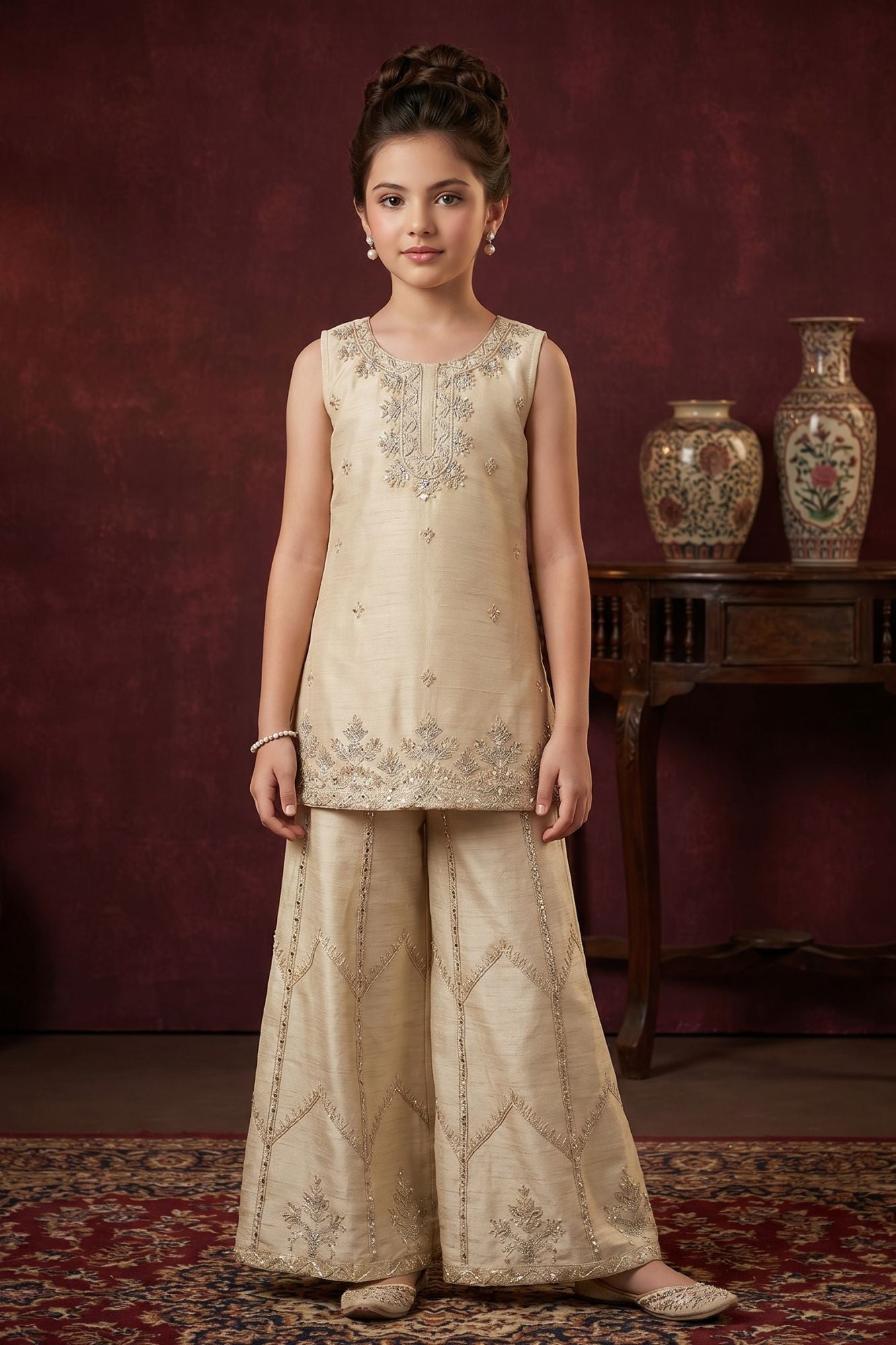 Girls Ivory Embroidered Kurti with Palazzo Set