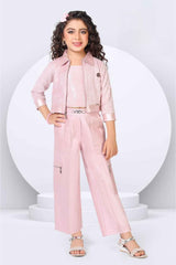 Pink Sequins Worked Co Ord Sets With Overcoat For Girls