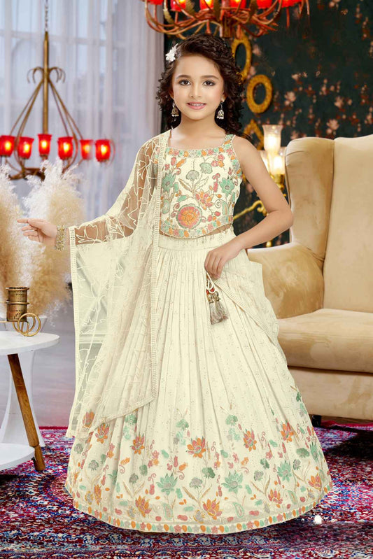 Cream Sequin And Embroidered Lehenga Choli Set For Girls