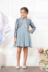 Stylish Grey Casual Frock With Embroidered Overcoat For Girl