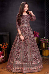 Designer Wine Sequin And Thread Work Gown For Girls