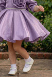 Lavender Party Wear Frock with Puffy Sleeves & Statement Rose Appliqué For Girls