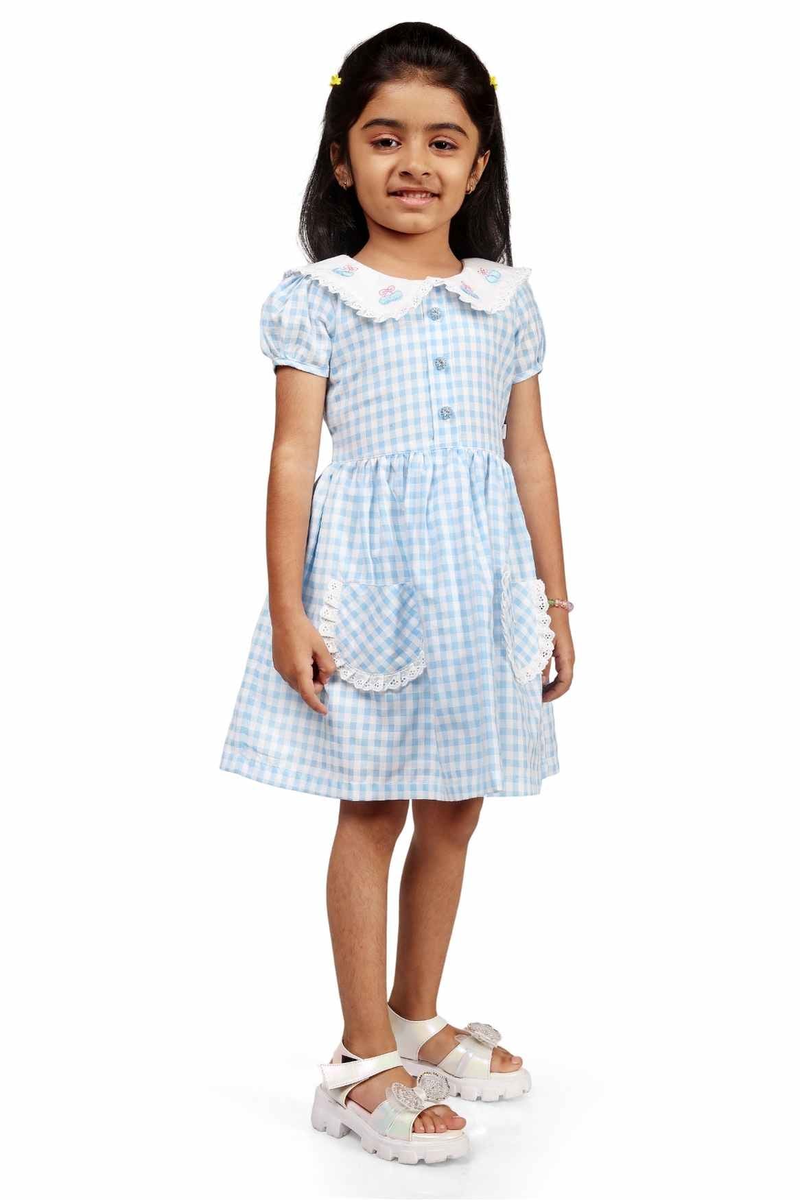 Blue Checked And Embroidery Frock For Girls