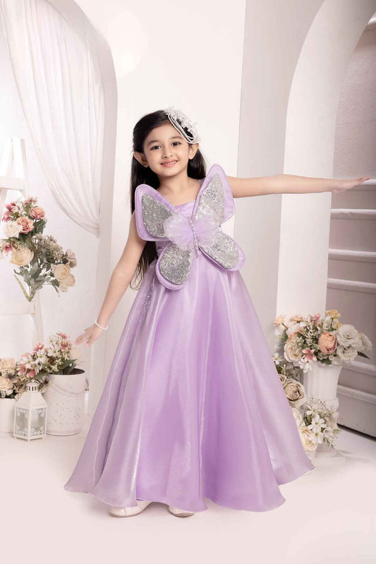 Lilac Butterfly Embellished With Sequins And Pearl Work Gown For Girls