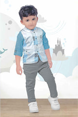 Blue Shirt And Grey Pant With Checked Overcoat Set For Boys