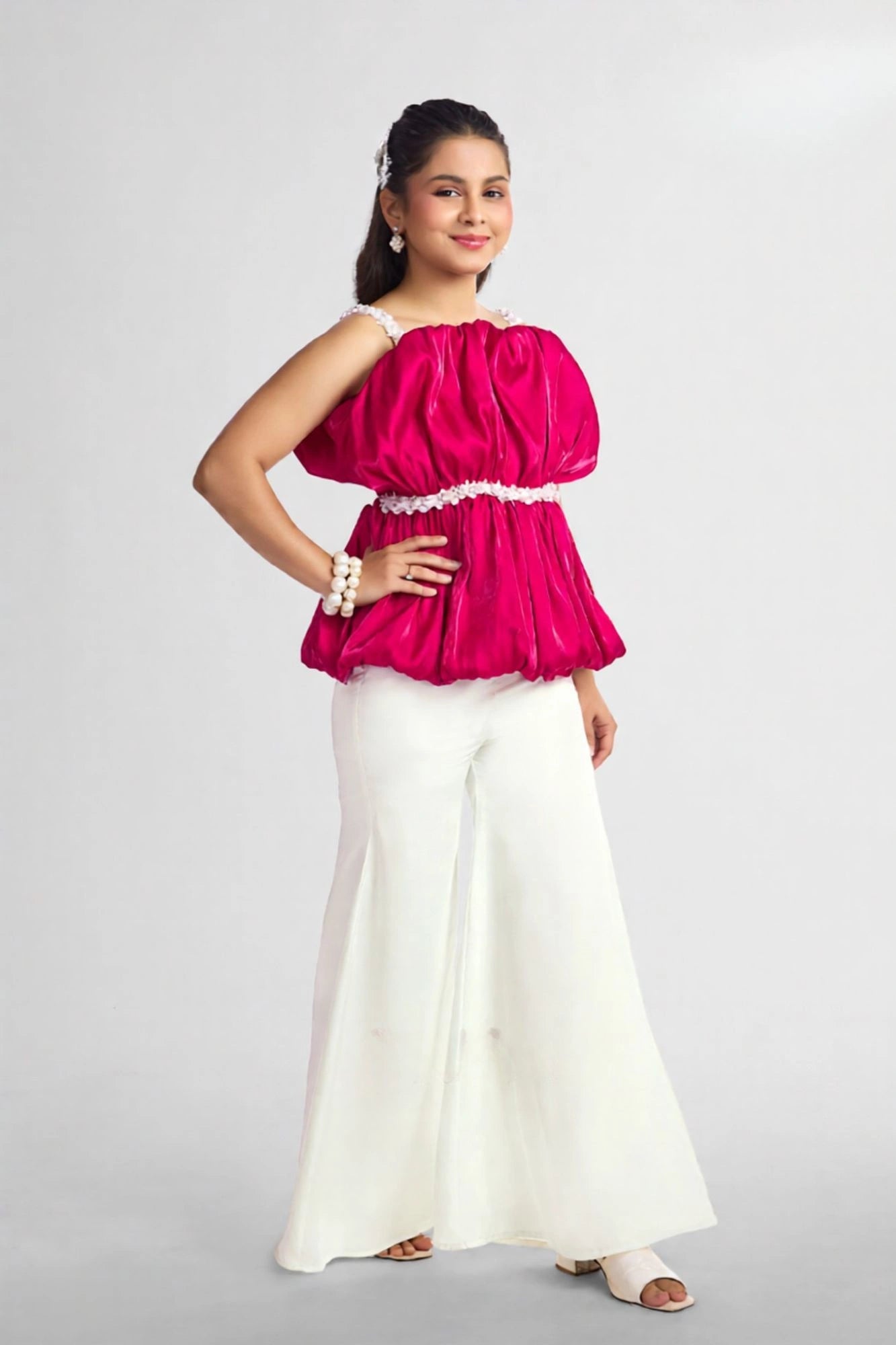 Pink Ruched Top with White Flared Pants For Girls