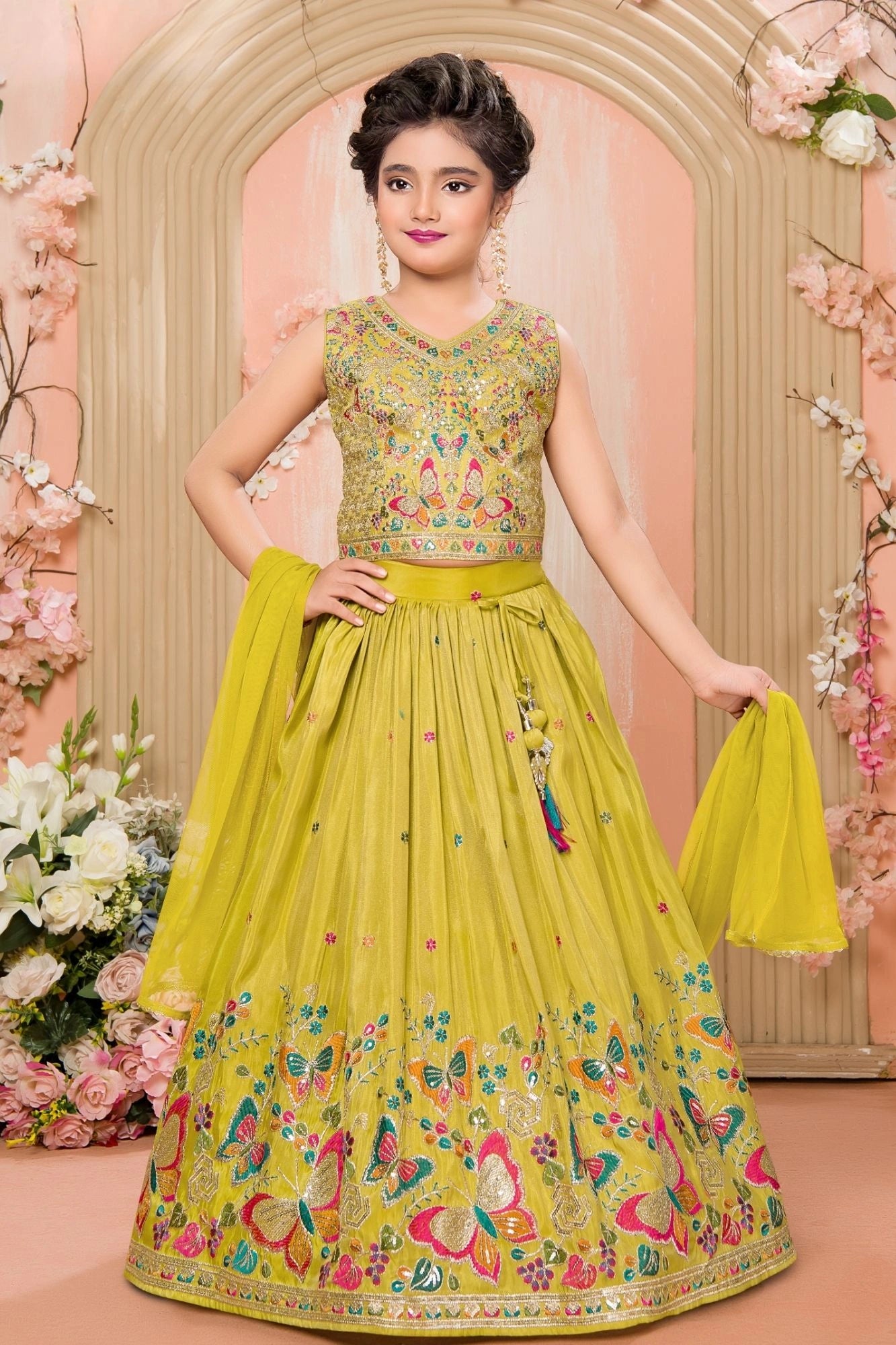 Yellow Multi-Color Butterfly Sequins Embroidered Lehenga Choli Set for Girls