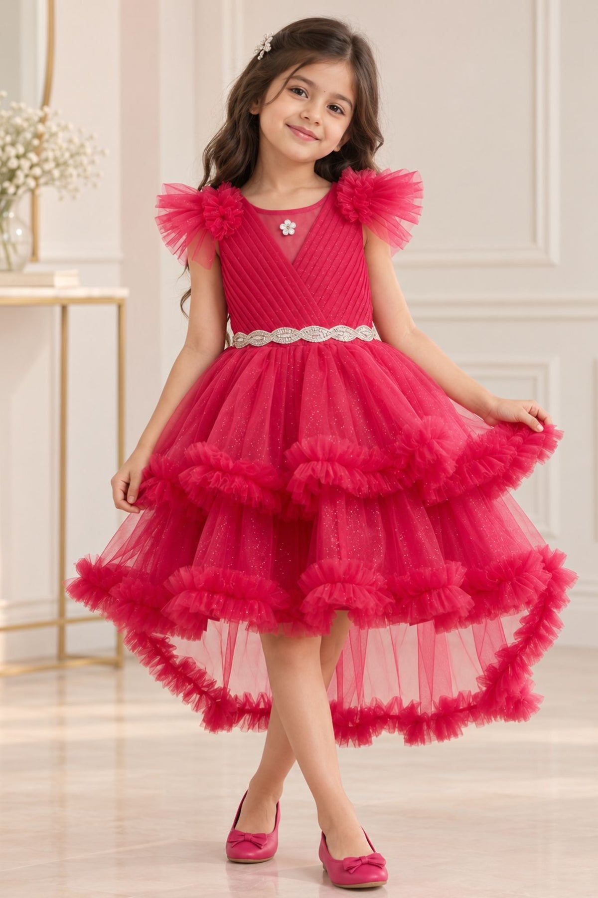 Rani Pink Layered Ruffle High-Low Party Wear Frock For Girls