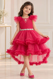 Rani Pink Layered Ruffle High-Low Party Wear Frock For Girls