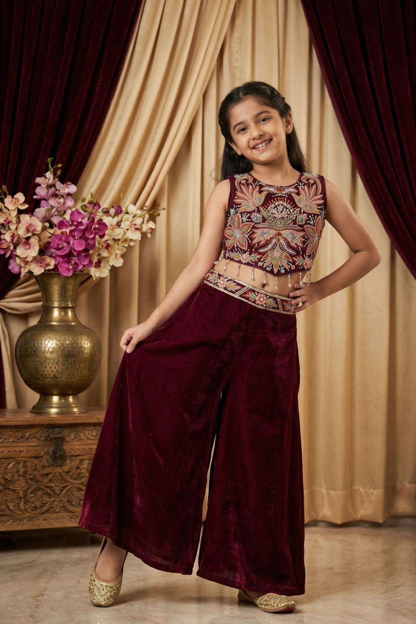 Maroon Sequins Work With Thread Embroidery For Palazzo Set For Girls