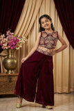 Maroon Sequins Work With Thread Embroidery For Palazzo Set For Girls