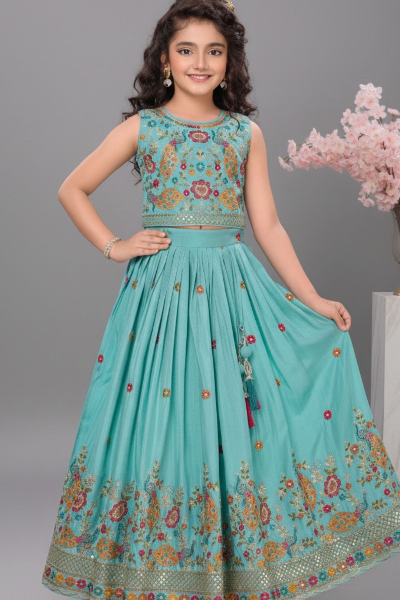 Aqua Blue Multicolor Embroidered Lehenga Choli Set For Girls
