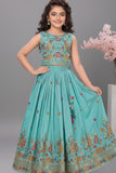 Aqua Blue Multicolor Embroidered Lehenga Choli Set For Girls