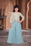 Sky Blue Embroidered Palazzo Set With Ethnic Jacket For Girls