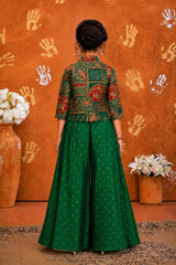 Girls Emerald Green Printed Palazzo Set with Jacket and Palazzo Pants