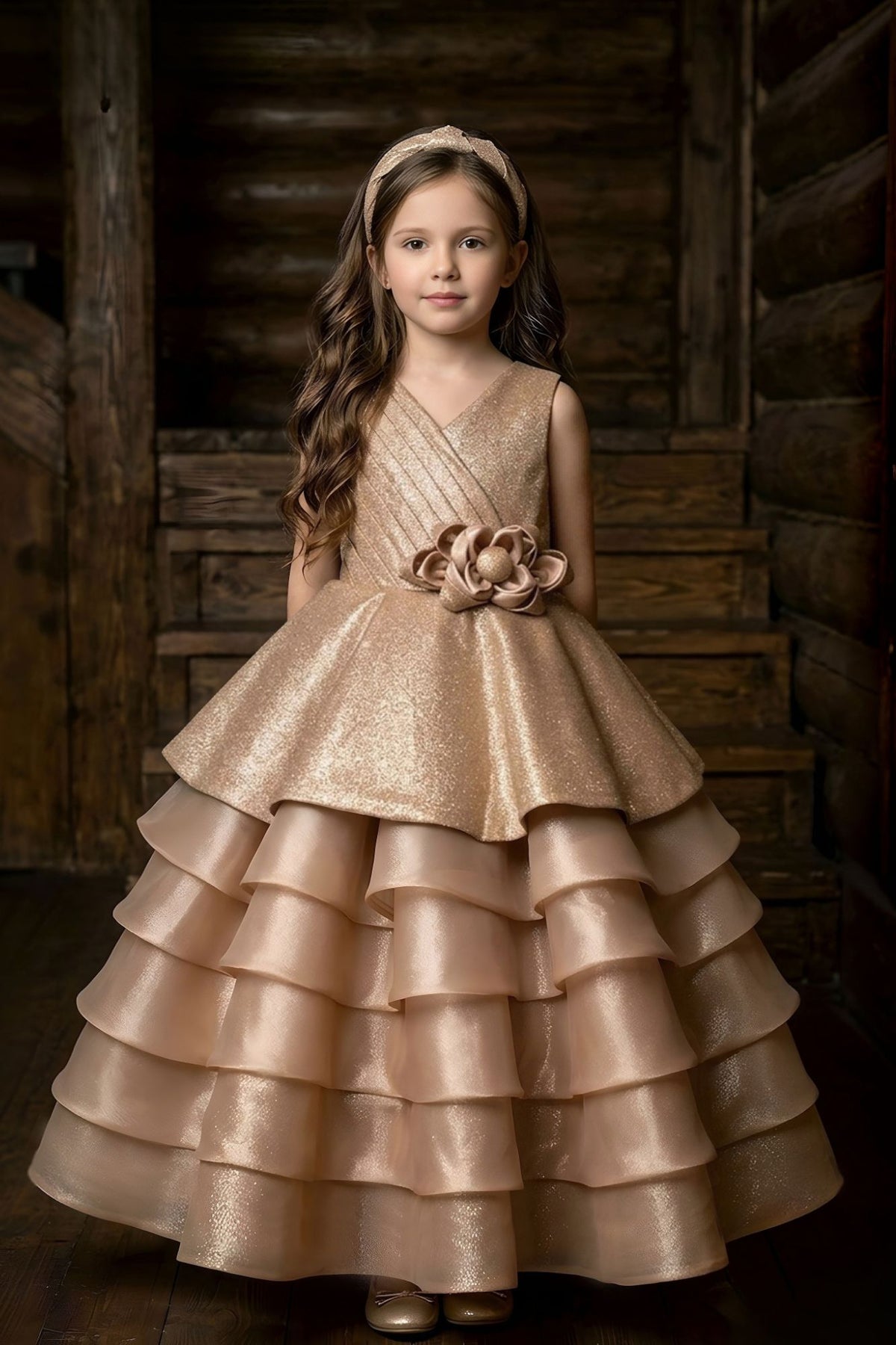 Girls Champagne Gold Party Wear Gown With Layered Ruffles