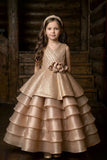 Girls Champagne Gold Party Wear Gown With Layered Ruffles