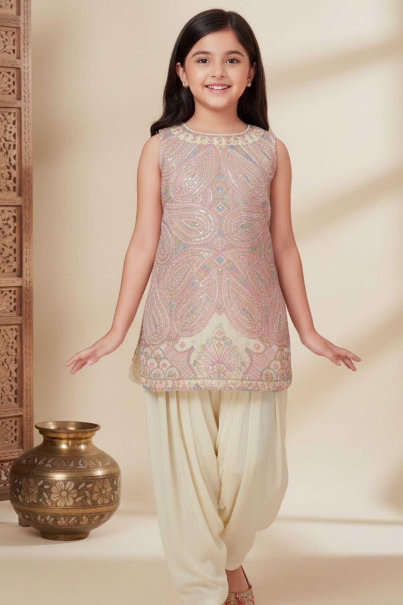 Multicolor Sequins Embroidered Kurti with Patiala Pants For Girls