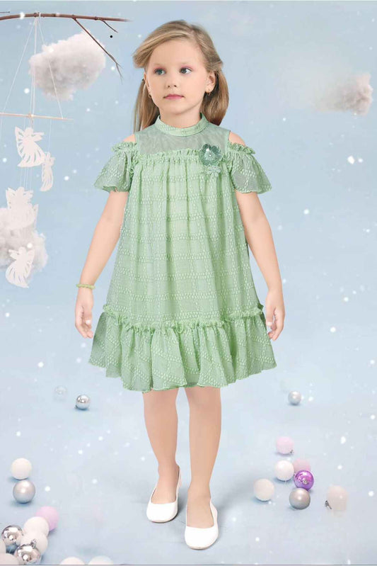 Pista Green Dress With Cold Shoulder Sleeves For Girls