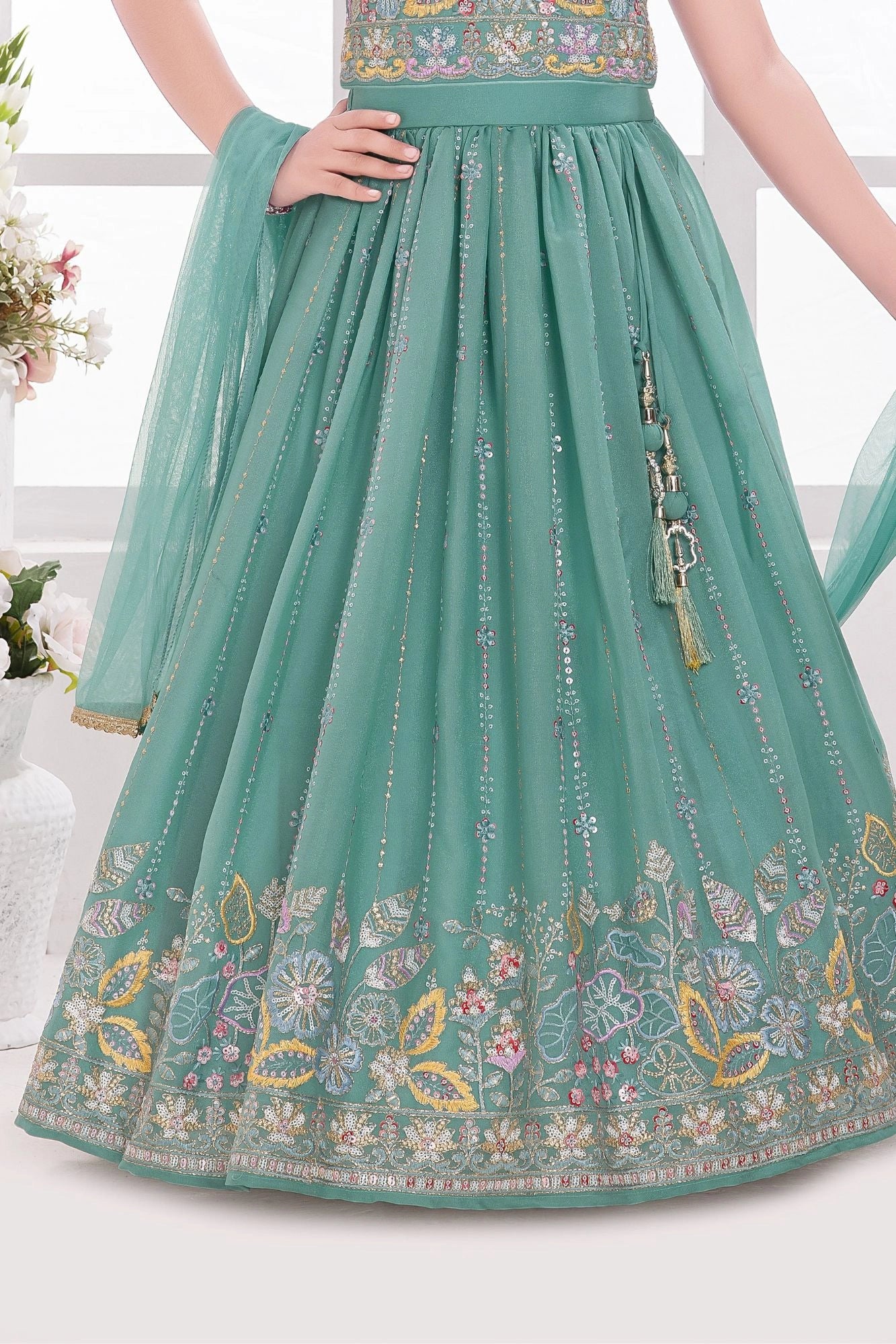 Pastel Green Floral Embroidered Lehenga Choli with Dupatta for Girls