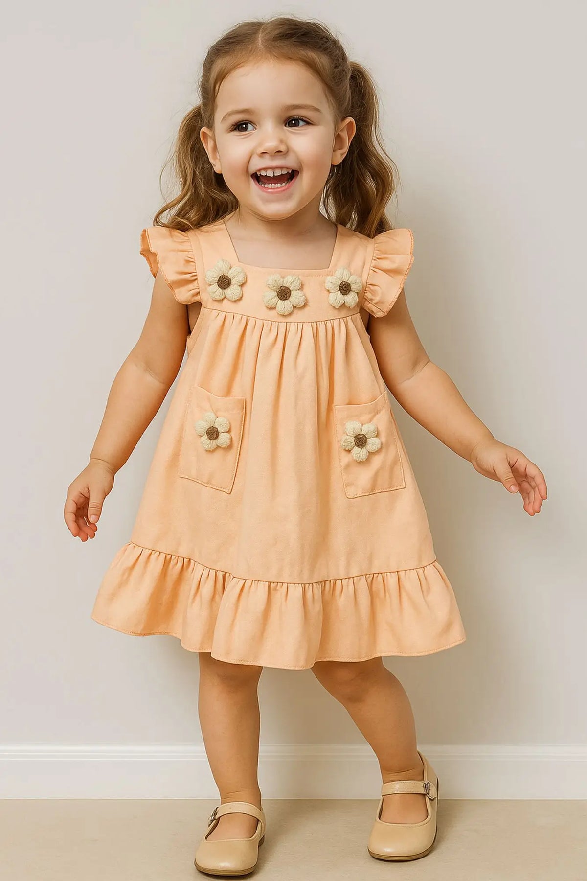 Casual Peach Cotton Dress with 3D Flower Appliqué For Girls