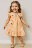 Casual Peach Cotton Dress with 3D Flower Appliqué For Girls