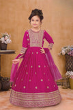 Rani Pink Embroidered Anarkali Ethnic Gown with Dupatta For Girls
