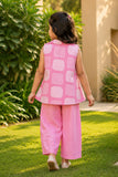 Girls Pink Printed Waistcoat Co-Ord Set with Inner Top And Wide-Leg Pants