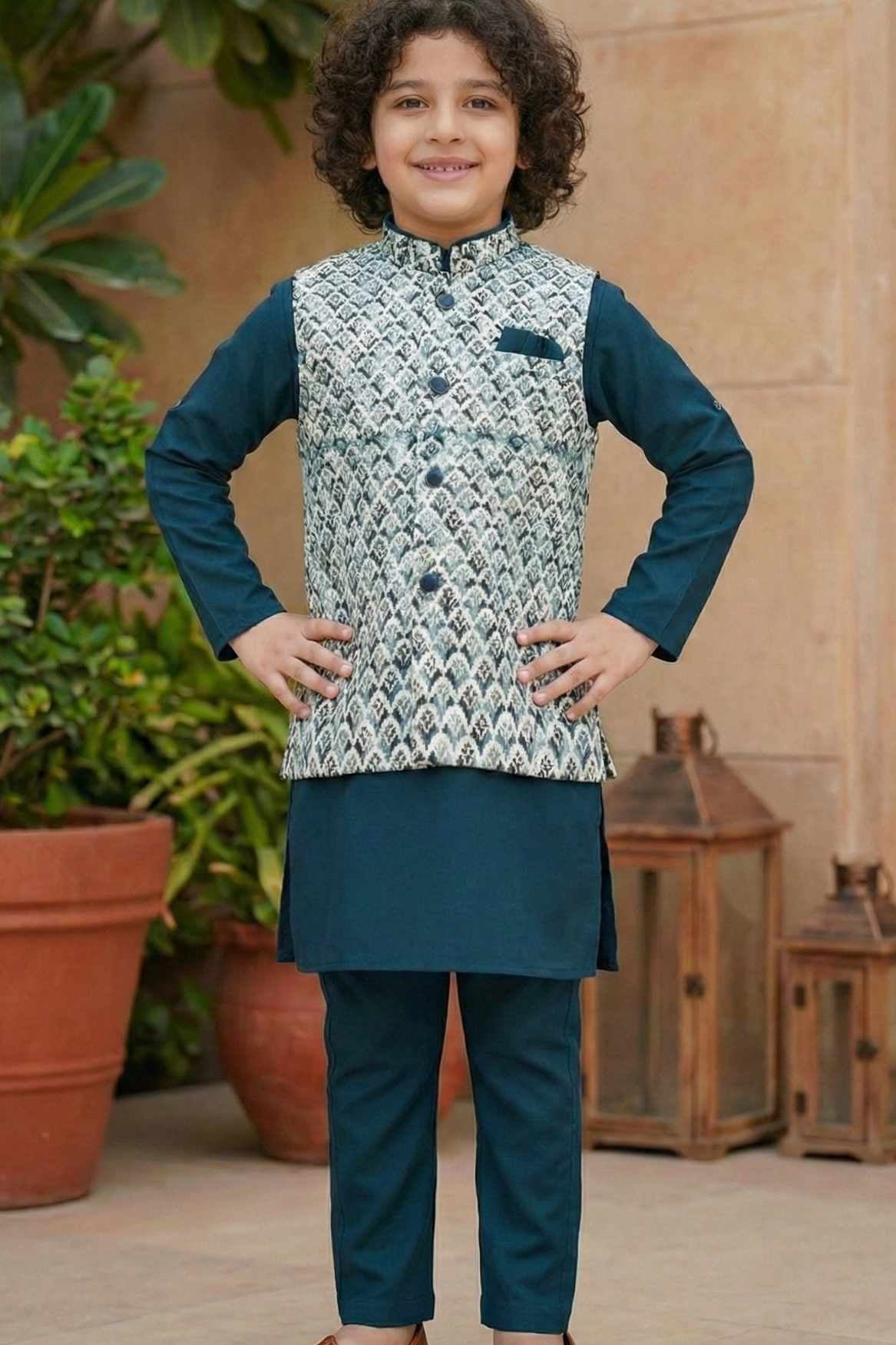 Teal Blue Kurta With White Sequin Embroidery Work Bandi Set For Boys