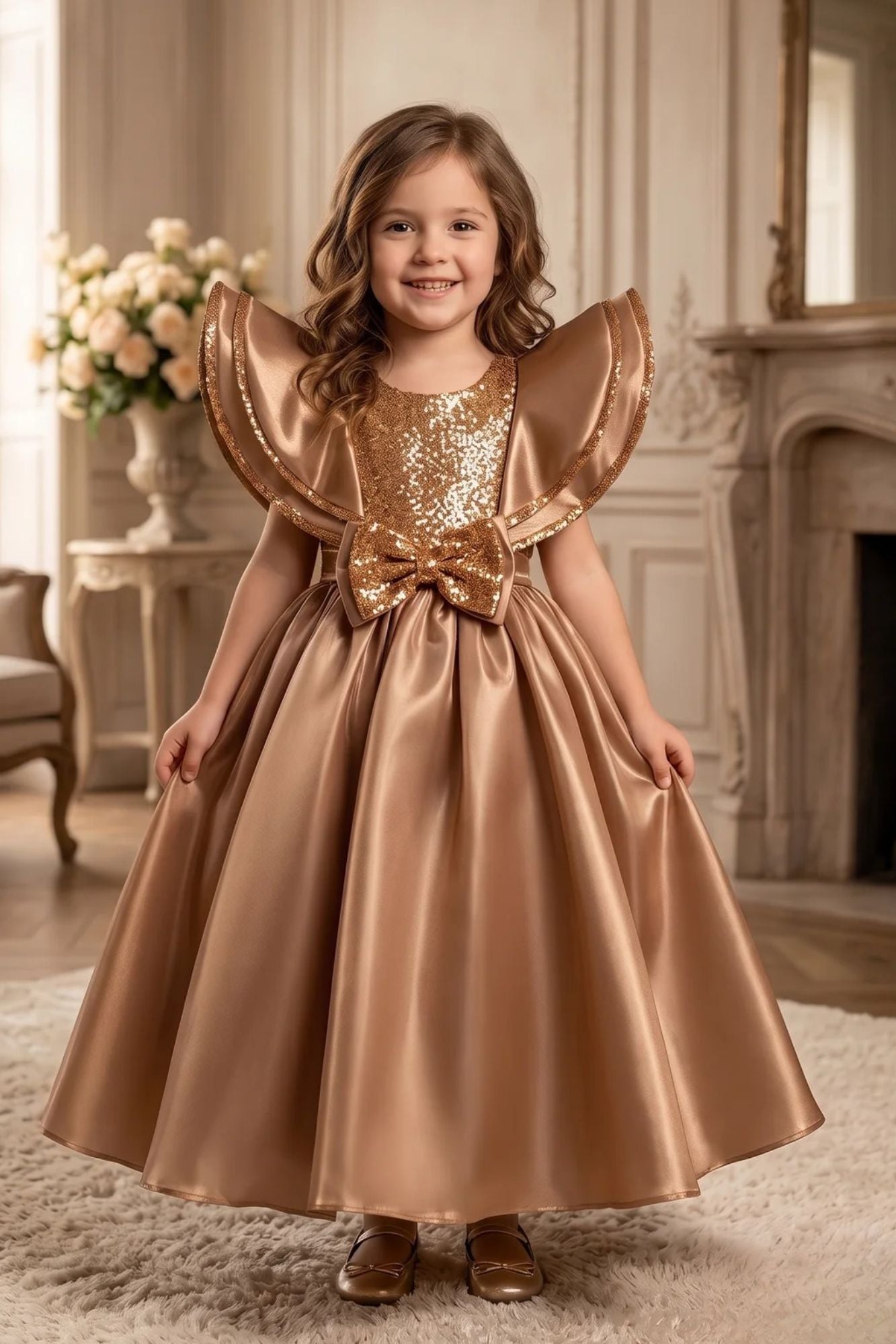 Brown Statement Bow Party Wear Gown for Girls
