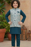 Teal Blue Kurta With White Sequin Embroidery Work Bandi Set For Boys