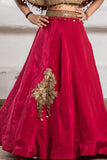 Girls Red And Gold Embroidered Cape Lehenga Choli