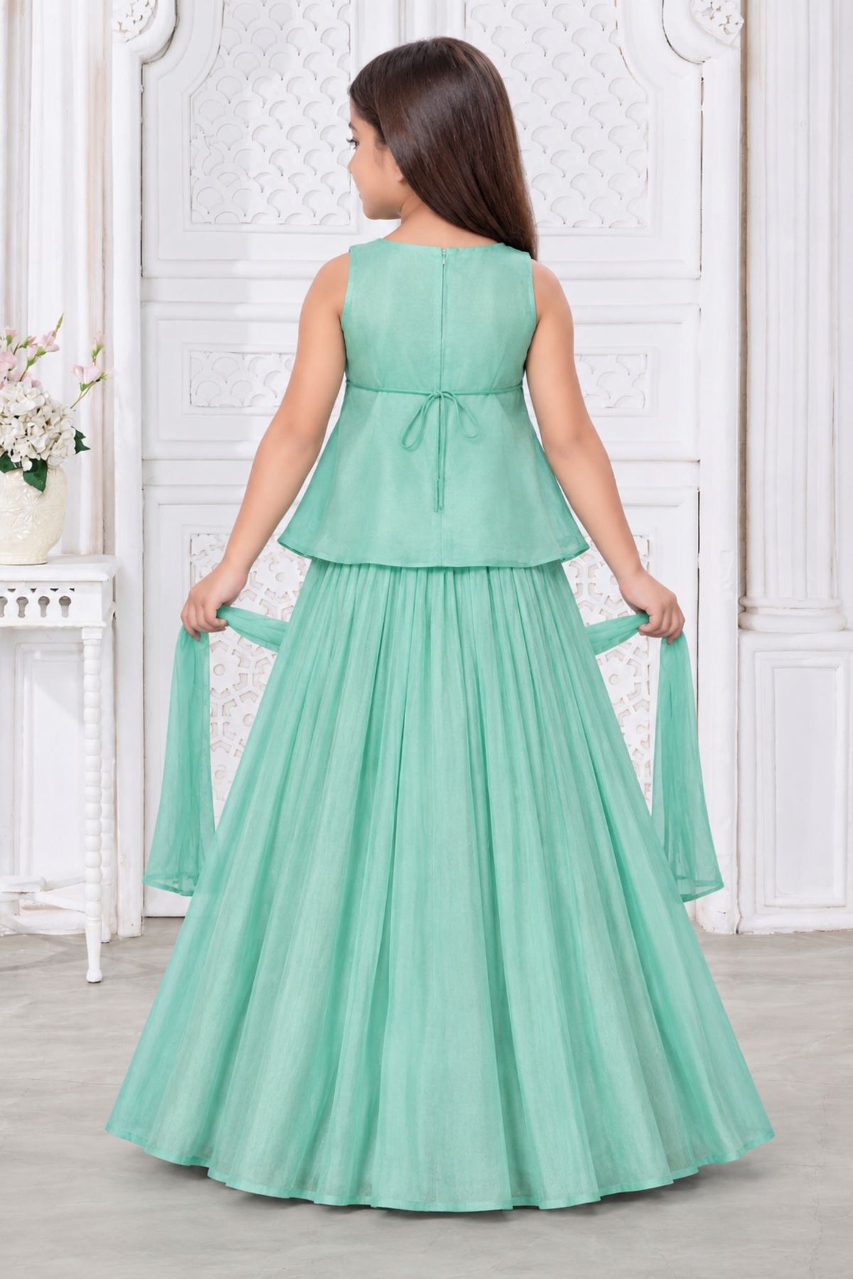 Girls Elegant Aqua Green With Gold Embroidered Lehenga Choli Set