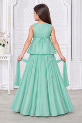 Girls Elegant Aqua Green With Gold Embroidered Lehenga Choli Set