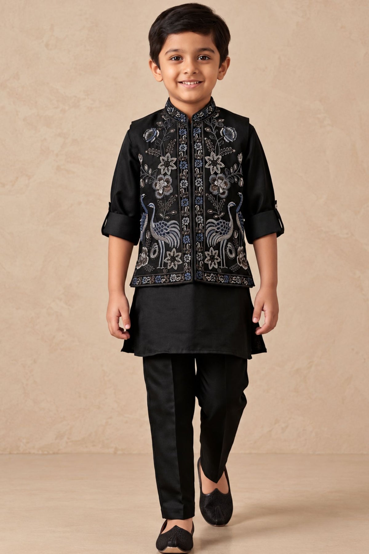 Boys Black Embroidered Nehru Jacket Kurta Set