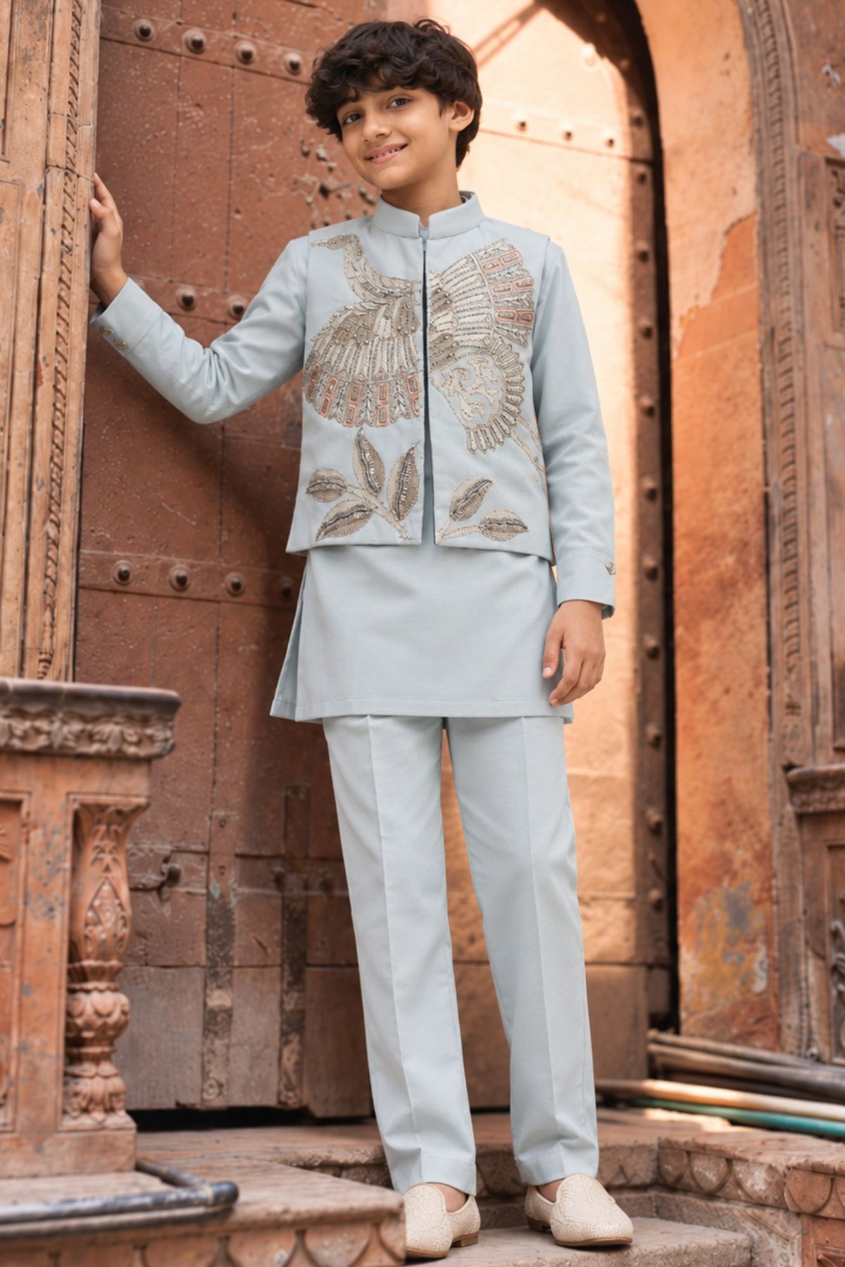 Boys Ice Blue Bird Inspired Bead Embroidered Kurta Set With Nehru Jacket