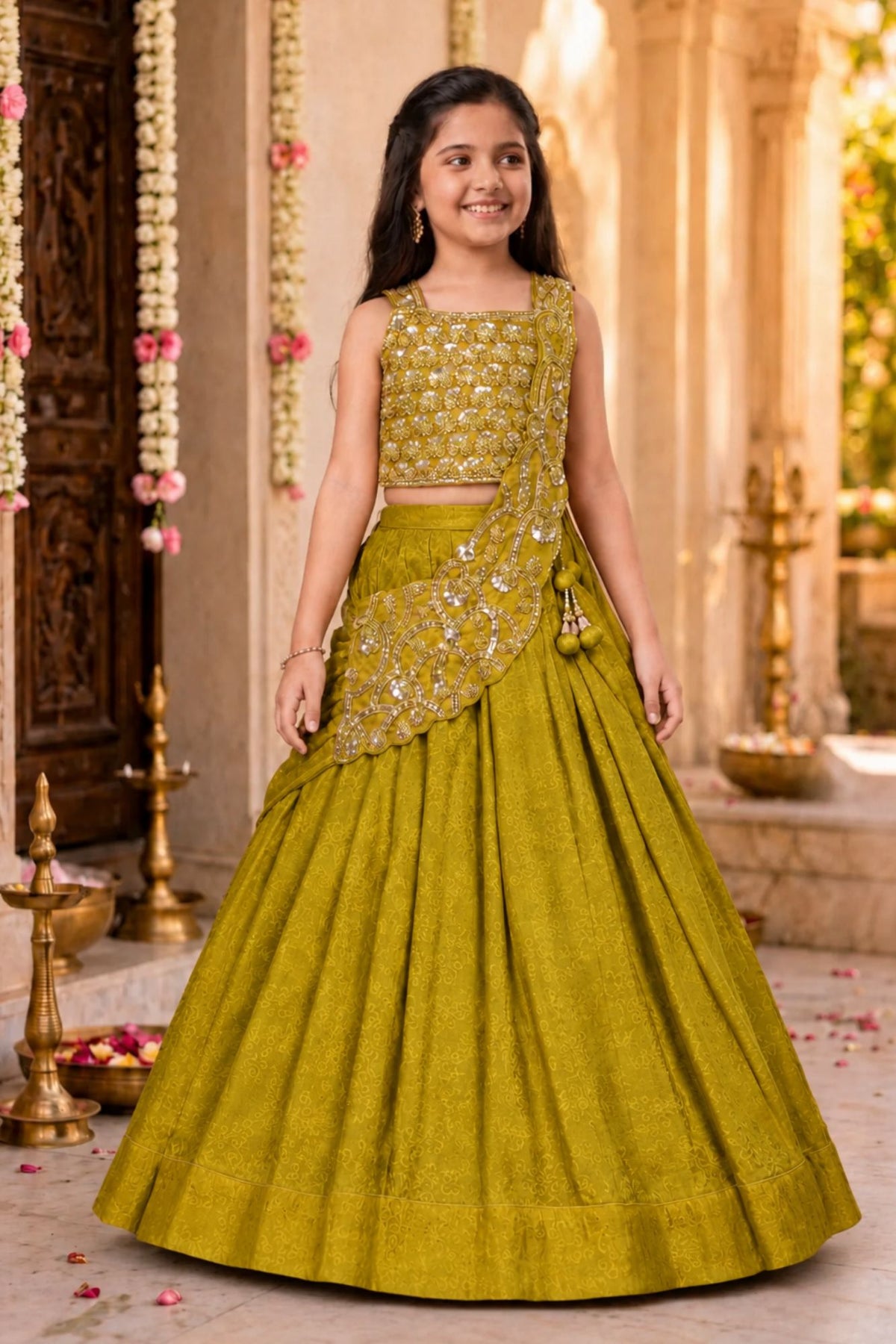 Girls Mustard Embroidered Drape Saree Set
