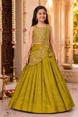 Girls Mustard Embroidered Drape Saree Set
