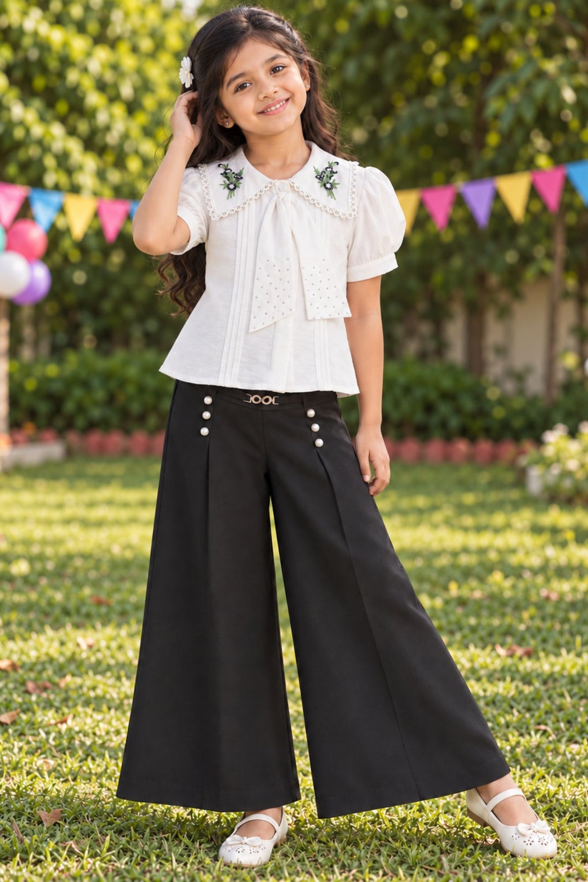 Girls White Floral Embroidered Top With Black Wide Leg Co-Ord Set