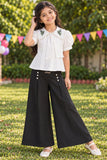 Girls White Floral Embroidered Top With Black Wide Leg Co-Ord Set