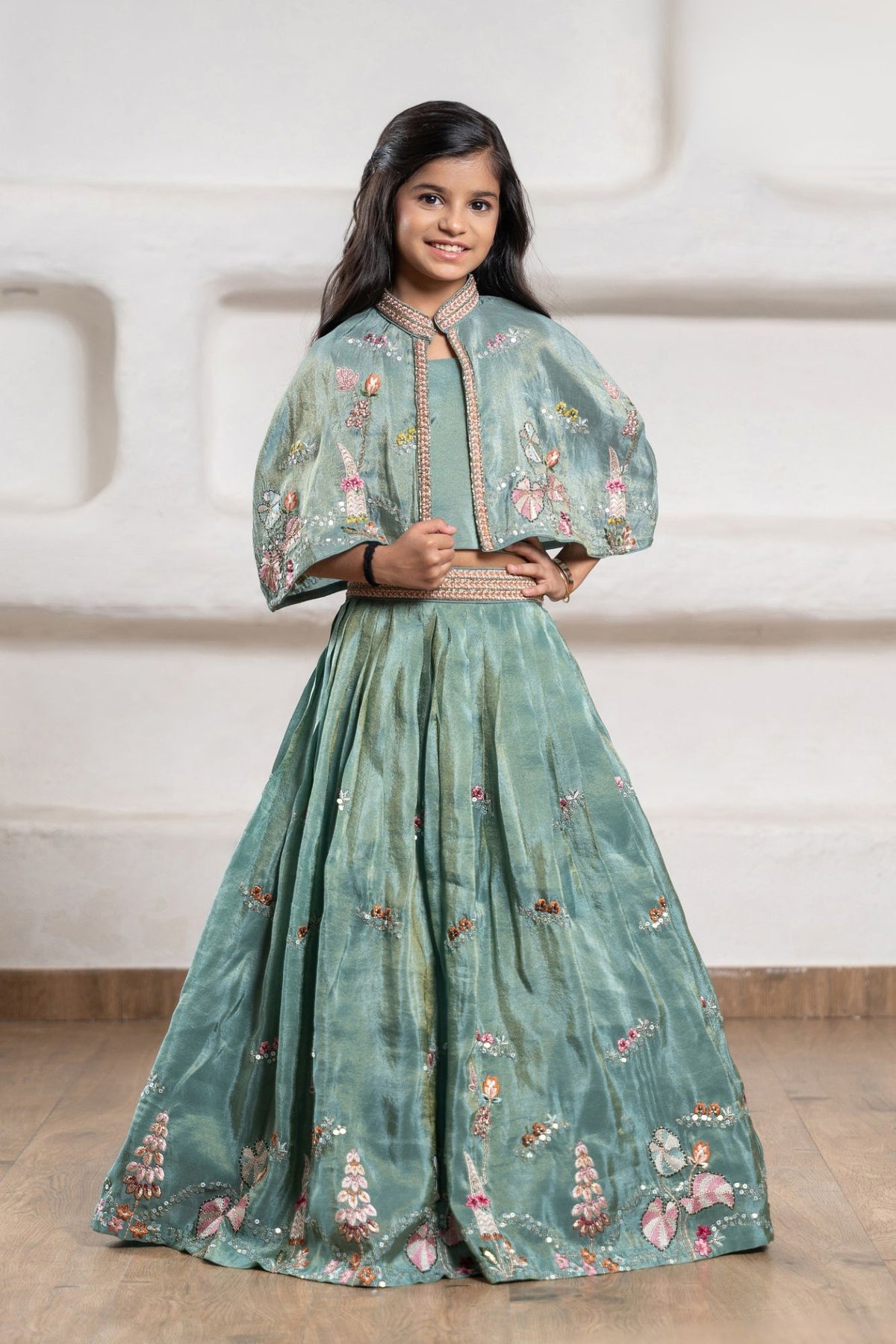 Girls Sage Green Floral Embroidered Cape Lehenga Choli