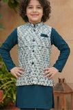 Teal Blue Kurta With White Sequin Embroidery Work Bandi Set For Boys